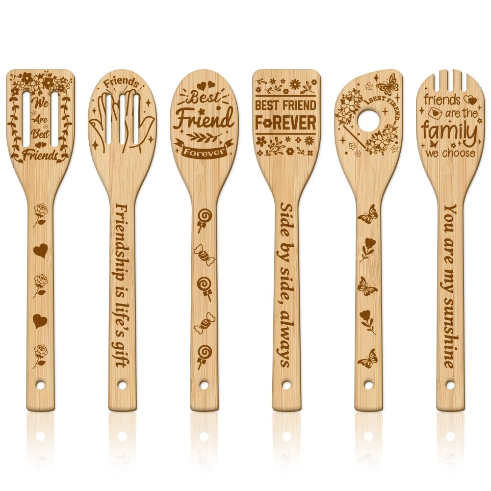 GLOBLELAND Set Da 6 Utensili Da Cucina In Bambù Con Incisioni Floreali – Cucchiai E Spatole In Legno Naturale – Regalo Ideale Per La Casa