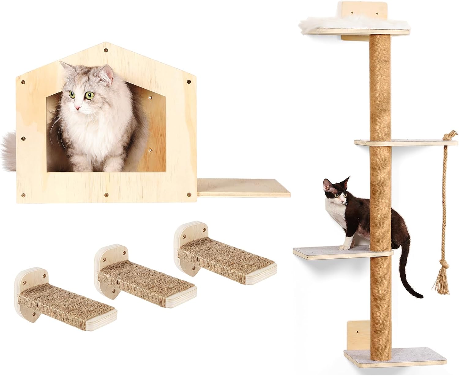 Cat Wall Shelves+ Wall Mounted Cat Tree,Tall Wall Cat Tree 4 Tier Cat Climbing Wall Shelves,Corner Cat Shelf with 3 Steps Scratch Post
