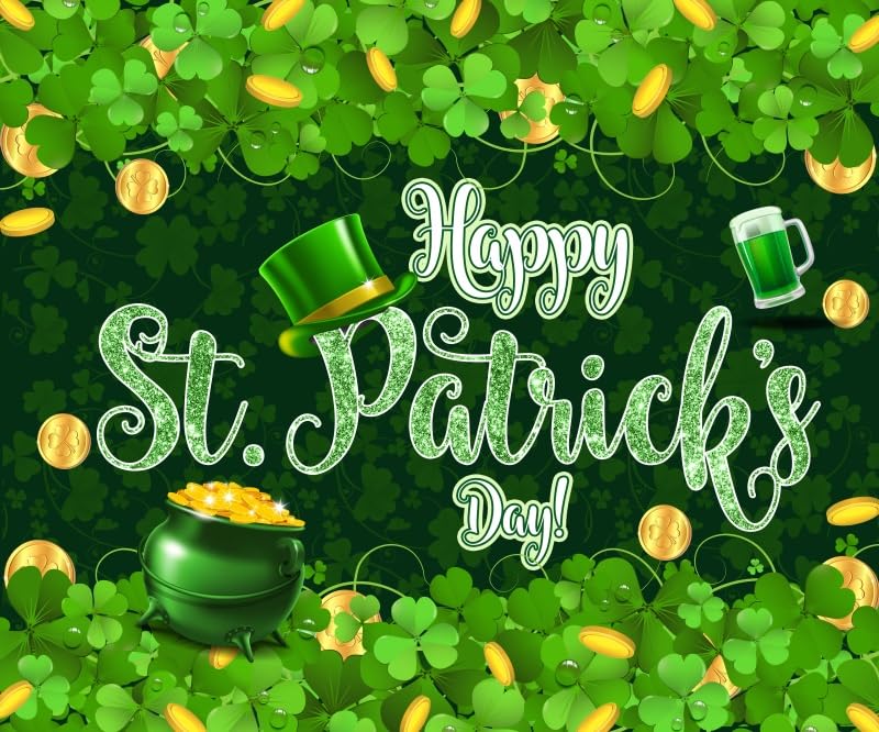 ChloropLastid Happy St.Patrick's Day Photography Backdrop Green Clover Coins Background Luck Day Green Shamrock Hat Spring Plant Party Banner Decor Photo Supplies Prop 10x8ft