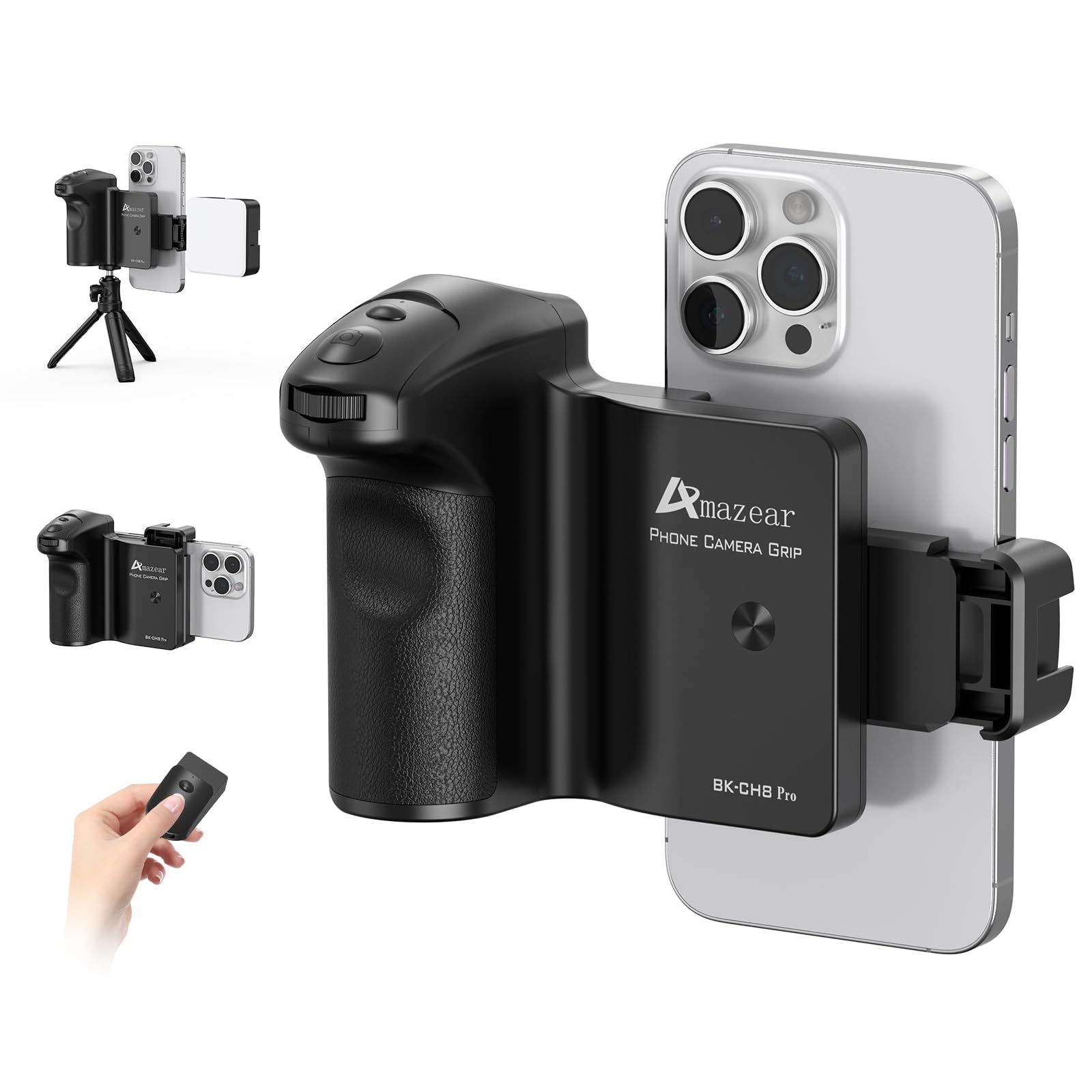 AMAZEAR Shutter Grip for iPhone 17 Pro Max/Android Mobile Phones, DSLR Camera Style Cellphone Photography Handle with Bluetooth Remote for Samsung Galaxy S26 Ultra, for Google Pixel, Compatible iOS26