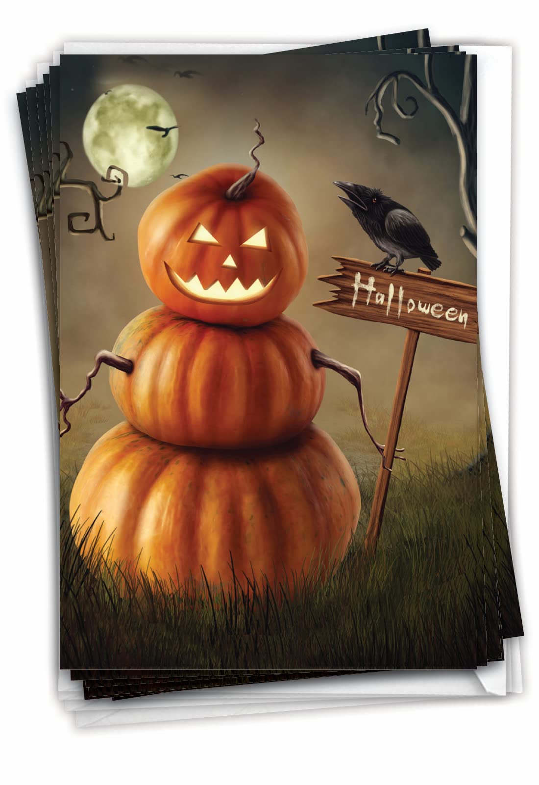 NobleWorks C4962AHWG-B12x1 Lot de 12 cartes de vœux d'Halloween avec enveloppes de 12 x 17,8 cm (1 motif, 12 de chaque) citrouilles effrayantes C4962AHWG-B12x1