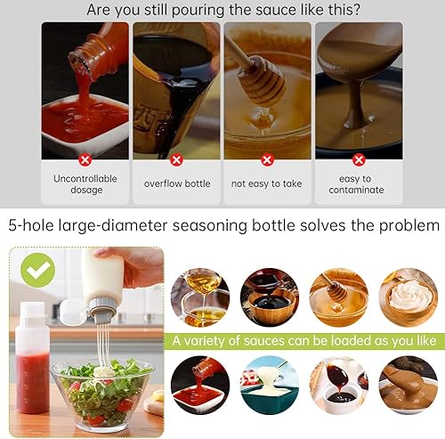 Miniatura 2 de Botella exprimible de salsa de 5 agujeros, botella de condimentos medible de 15.1 onzas fluidas con tapa a prueba de fugas, botella de plástico