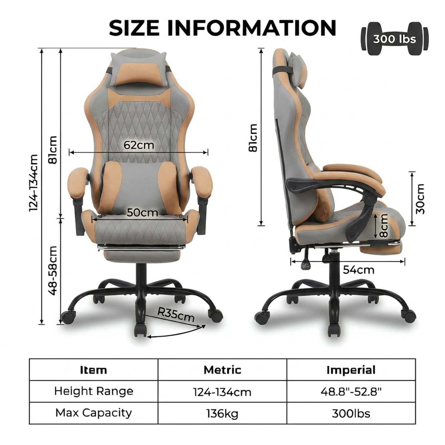 Taikonaut Gamingstuhl, Bürostuhl, ergonomischer Schreibtischstuhl aus Protein-Leder, mit Fußstütze, 135 Grad Liegefunktion, 360 Grad Drehstuhl, Stahlfuß, leise Rollen, Kopf- und Lendenkissen