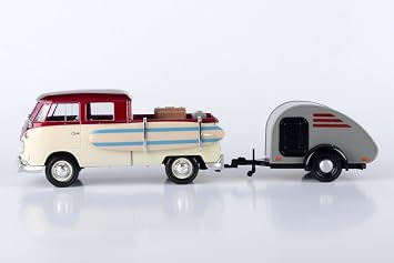 Volkswagen T1 Pickup Truck Purple & Cream with Surfboard, Accessories & Gray Teardrop Trailer 1/24 Diecast Model Car by Motormax 79673