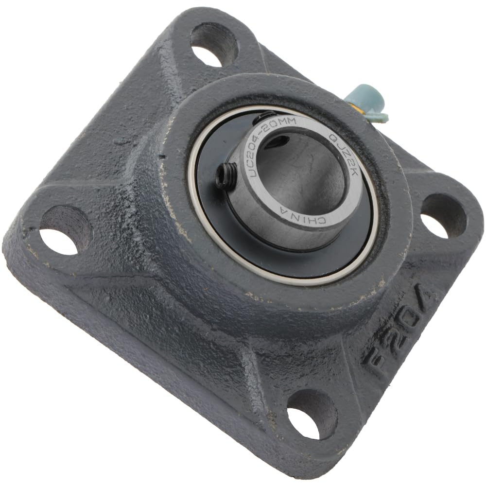 UCF204-4-Bolt Flange-Mount Ball Bearing Unit, Insert Bearing UC204, Cast Iron Housing F204, Bore Shaft 0.787 in (20 mm), Set Screw Locking, 3.386 in (86 mm) Flange Length
