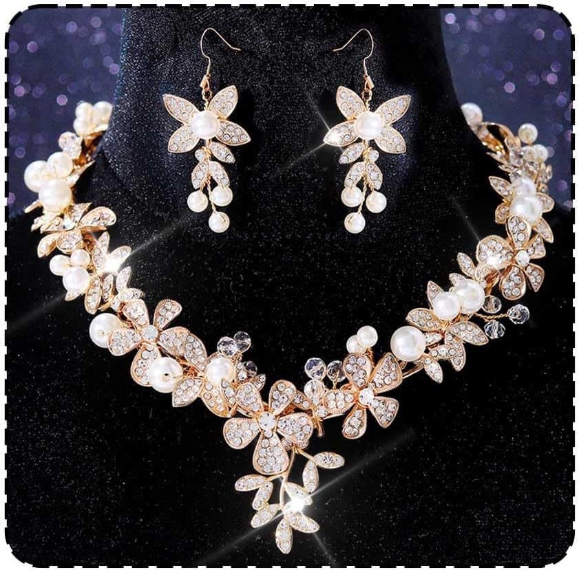 Unicra Crystal Flower Bridal Wedding Jewelry Set Rhinestone Necklace Earrings Sets Pearl Formal Costume Jewelry for Women and Brides