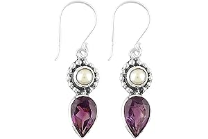 Sterling Silver, Amethyst and Pearl Earrings, Dangle Tear Drop Earring