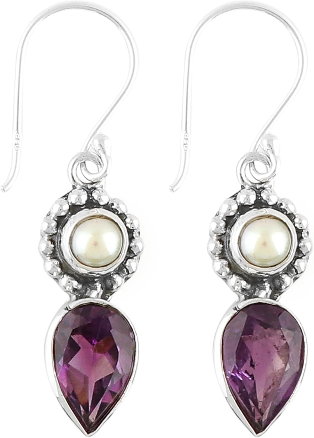 925 Sterling Silver Amethyst & Pearl Earrings, Tear Drop Dangle Earring, February Birthstone, Natural Gemstones Dainty Statement Jewelry, Bridal Wedding Handmade Gift for Women