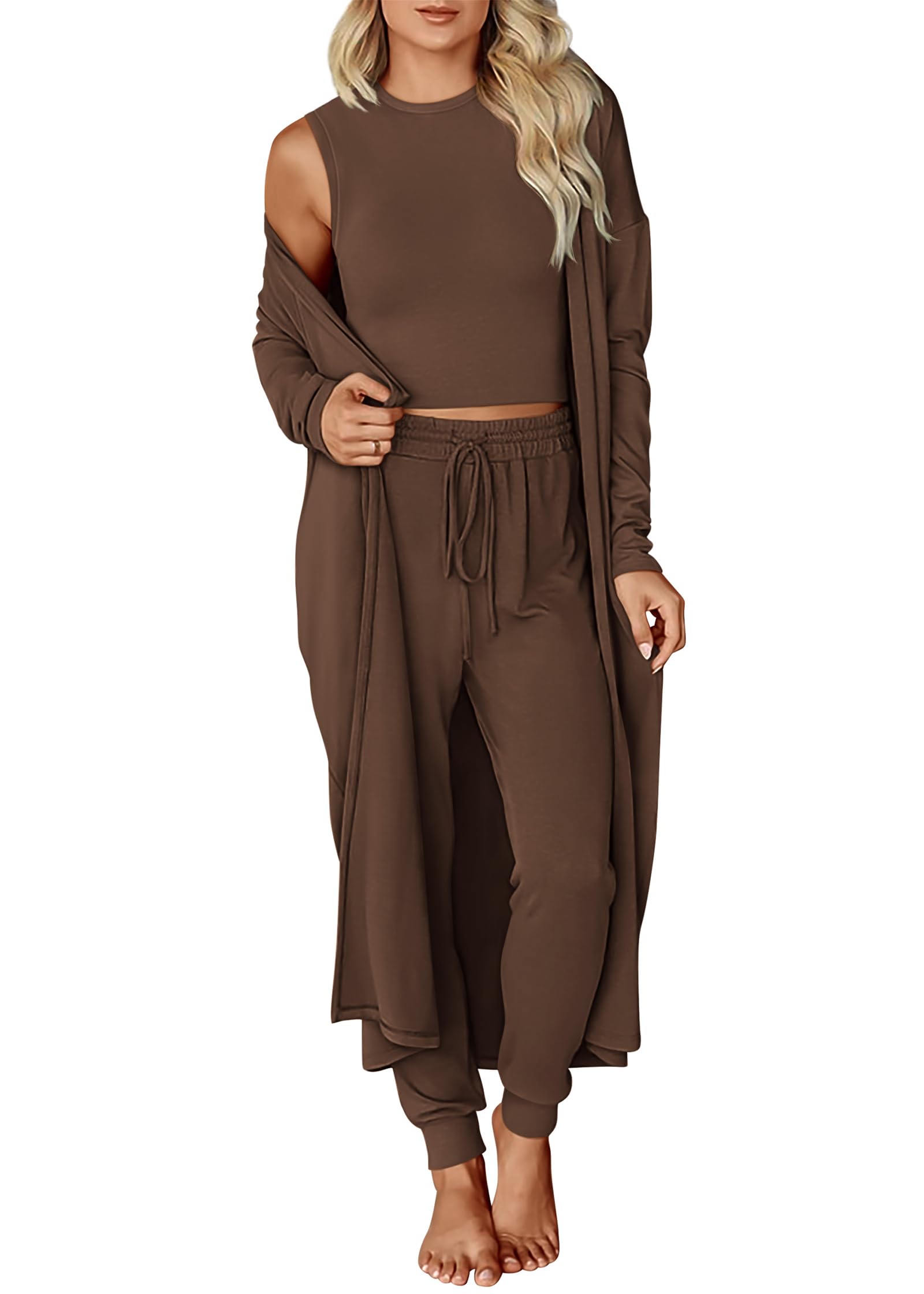 KIRUNDO 3 Piece Lounge Sets for Women Airplane Travel Outfits Casual Cardigan Sleeveless Top Pants Sets Matching Clothing