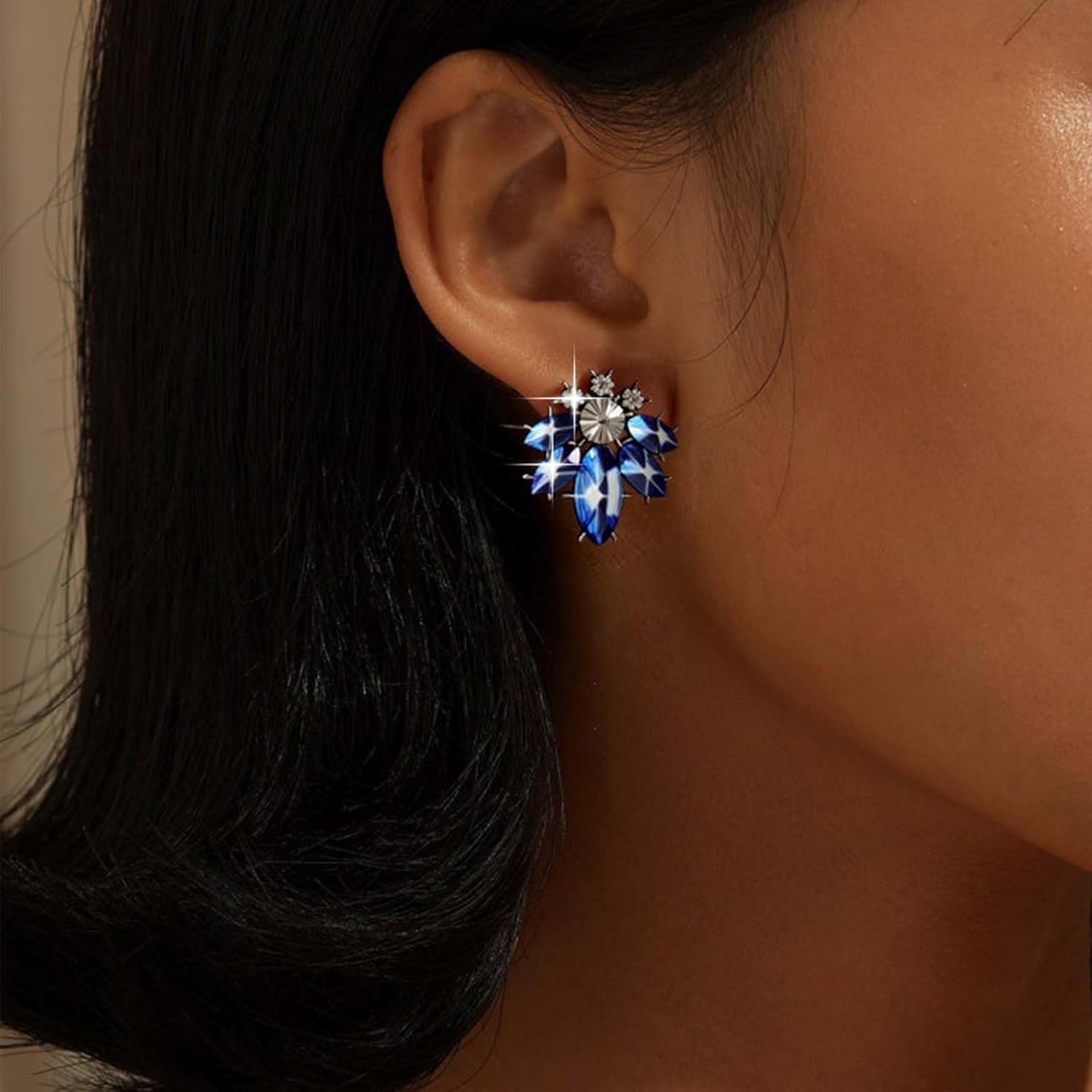 Boho Sapphire Gemstone Stud Earrings Blue Rhinestone Earring Vintage Blue Gemstone Earring Wedding Crystal Earrings Jewelry for Women - Image 4