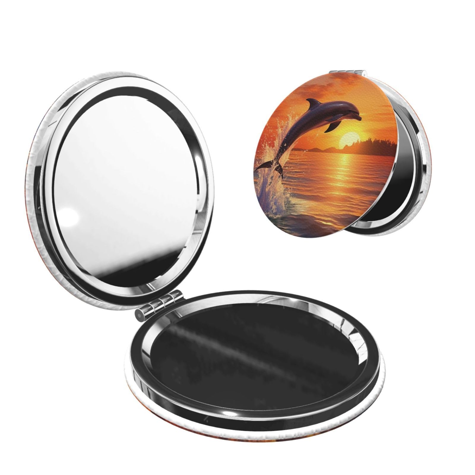 DWVTSLH Sunset Dolphin Compact Mirror for Purse, Double-Sided 2X/1X Magnifying Mirror for Women Men, Travel Makeup Mirror for Handbag, Handheld Vanity Mirror for Gift