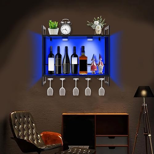 Miniatura 3 de Estante de vino montado en la pared de 23.6 pulgadas con luz LED de control remoto, soporte para colgar botellas de vino mental, gabinete de bar de