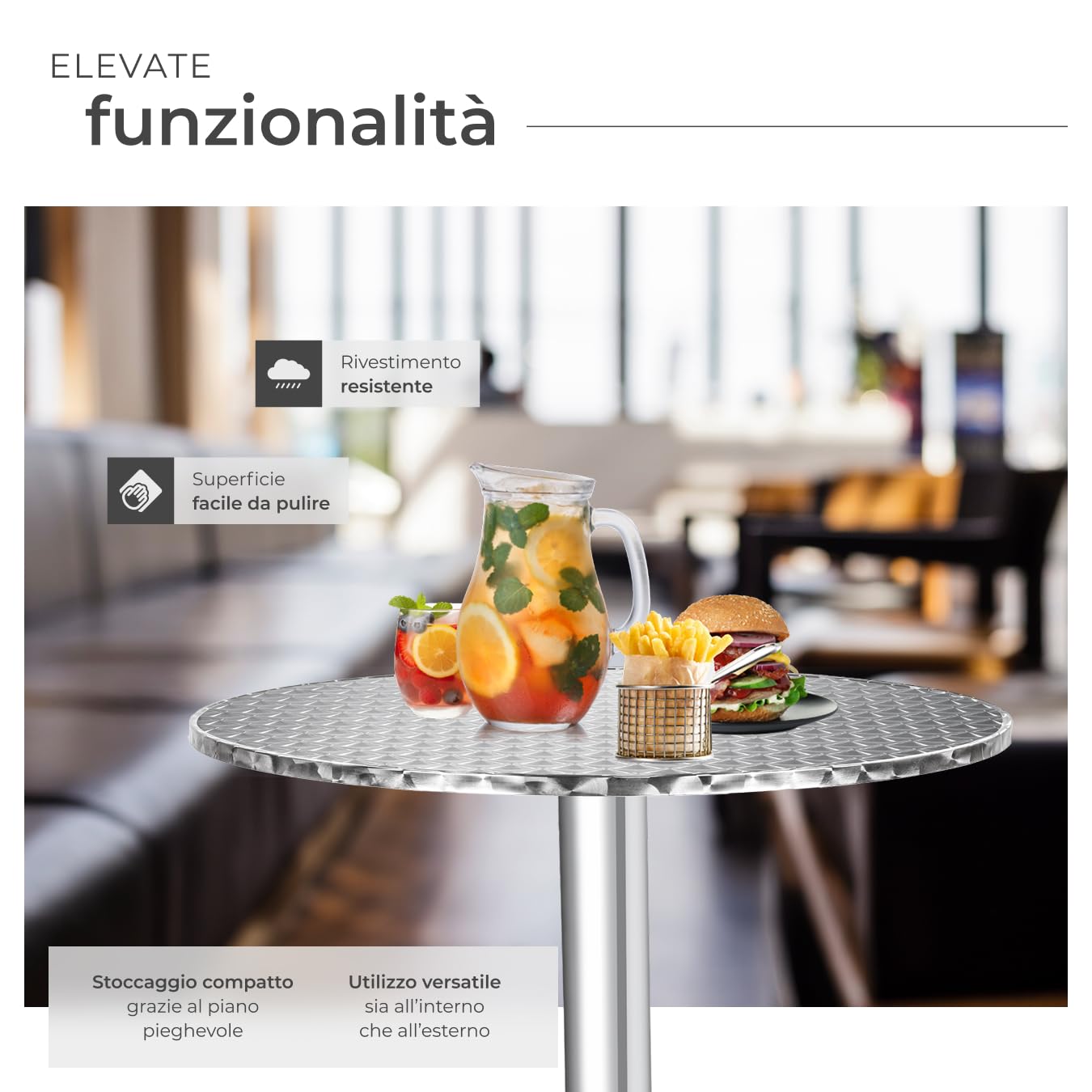 tectake® Tavolo da Bistrot, Alluminio Pieghevole, Altezza Regolabile 70/115cm, Piano in Acciaio Inox Ø 60cm, Resistente agli Agenti Atmosferici, Perfetto per Esterni ed Interni - Alexander