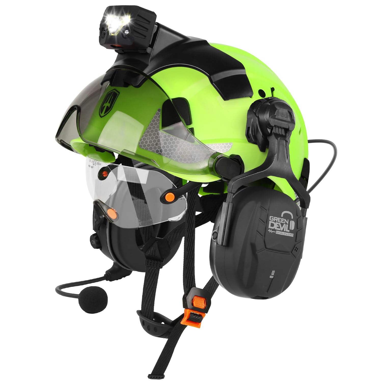 GREEN DEVIL Mervex Vent Ultimate Set - EN397 & EN166 zertifizierter Industrieschutzhelm mit Doppelvisier (außen getönt/innen klar) + Shield LD Bluetooth Gehörschutz + Intelligente Helmleuchte