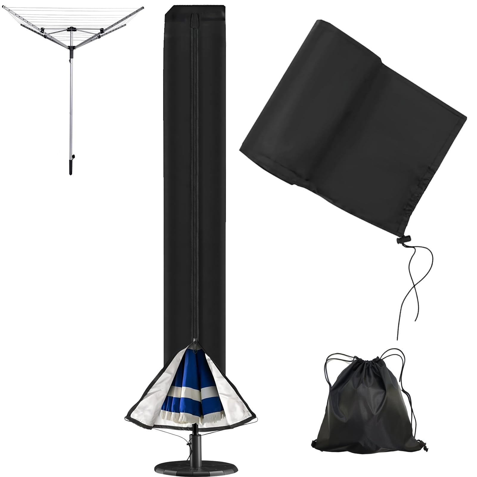 Auxhcyl Black Rotary Washing Line Cover - 420D Heavy Duty Rotary Airer Cover, Waterproof Whirligig Covers For Outside, Rotary Clothes Line Covers With Zips For Dryer Rotary Line(165X16x16cm)