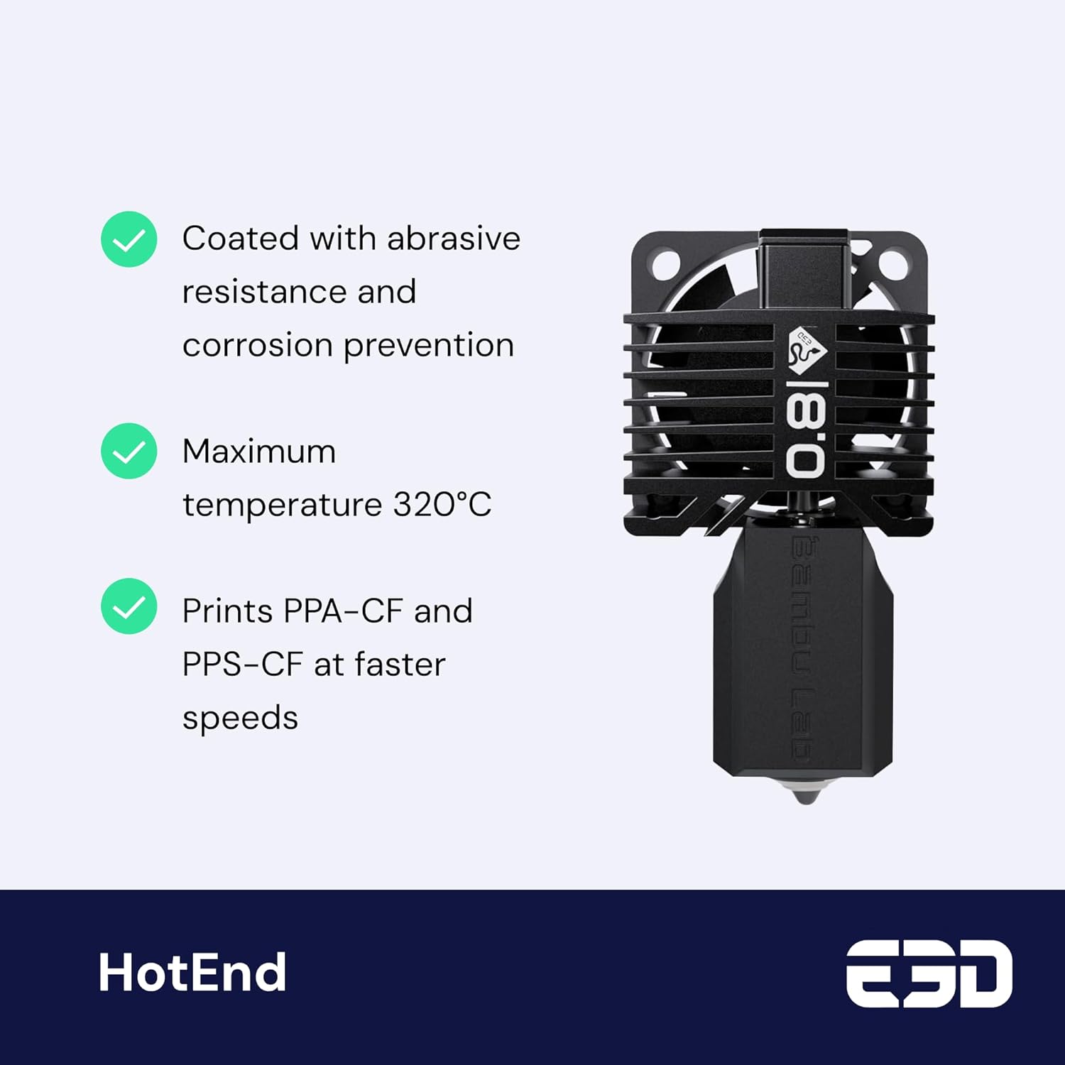 E3D DiamondBack Bambu Lab Complete Hotend, Polycrystalline Solid Diamond Tip 3, Improved Extrusion, Any Filament, Long Life, Wear Resistant, Layer Adhesion, Officially Approved (X1E, 0.8mm)