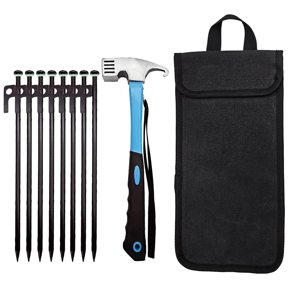 8 piquetas de acero forjado para tienda de campaña, resistentes e irrompibles, 30 cm, con bolsa de almacenamiento y martillo para camping al aire libre