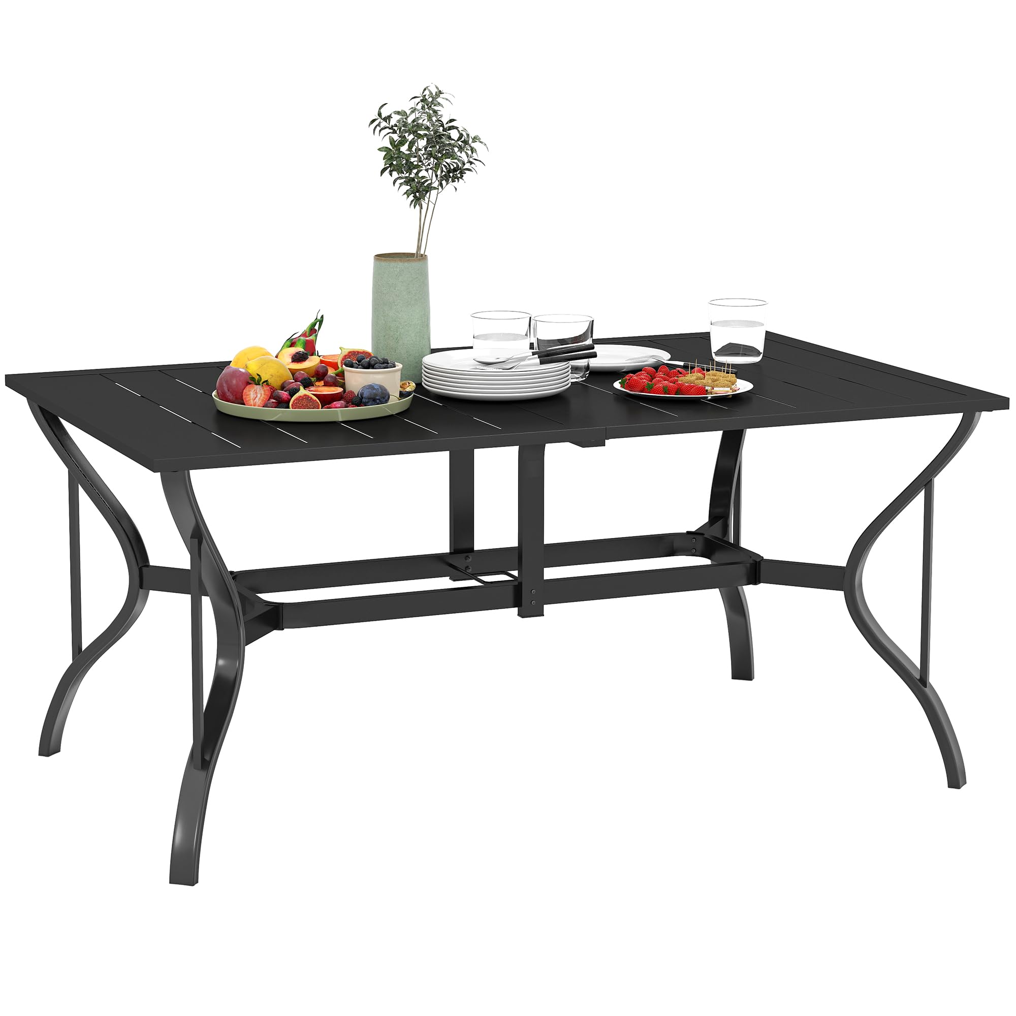 Outsunny Mesa Jardín Exterior Rectangular 150x90x73 cm Mesa Terraza Exterior Desmontable con Tablero Ranurado Agujero para Sombrilla y Estructura de Acero Galvanizado Negro