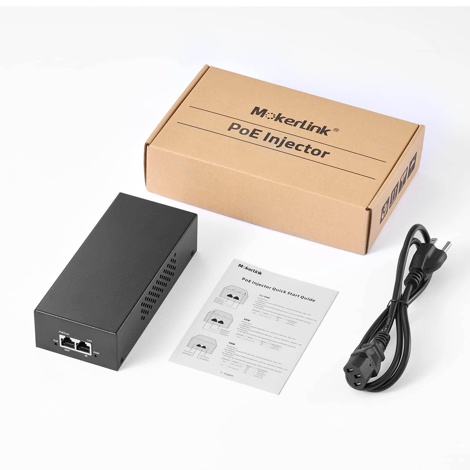 MokerLink Injecteur PoE Gigabit, 802.3af/at/BT 90W, 10/100/1000Mbps Ethernet, Plug & Play, Adaptateur Non-PoE vers PoE, Distance jusqu'à 100 mètres (328 ft.)