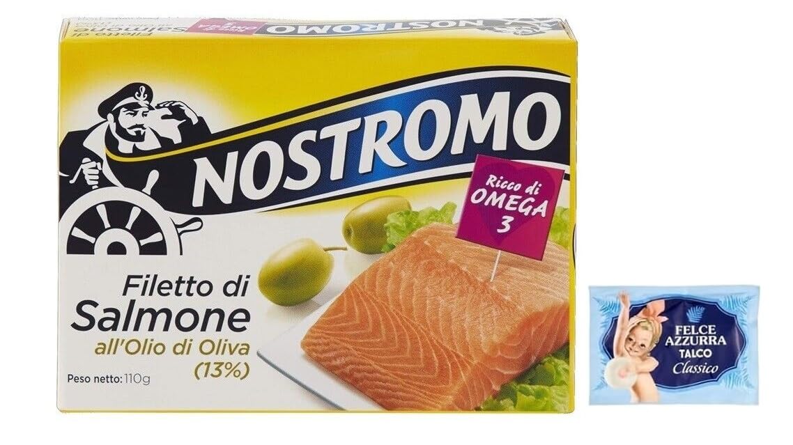 5x Nostromo Filetto di Salmone Olio di Oliva,Pesce in Scatola,Lattina da 110g + 1 Confezione di Talco Felce Azzurra in omaggio, Busta da 100g