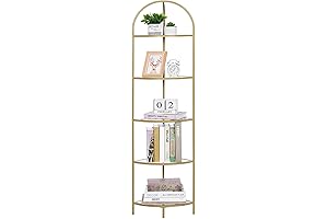 HOMHEDY Gold Metal Corner BookSelf with 5 Tempered Glass Shelf