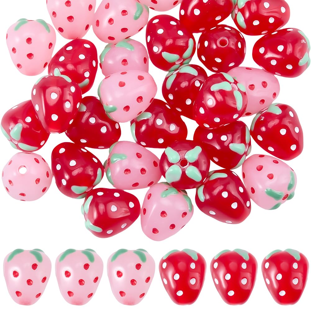 SUNNYCLUE 1 Box 40Pcs Pink Strawberry Beads Acrylic Fruit Bead Charms Red 3D Strawberries Cute Food Fruits Loose Spacers for Bracelets Necklace Jewelry Making DIY Crafts Earring Keychains Bag Decor-image-16