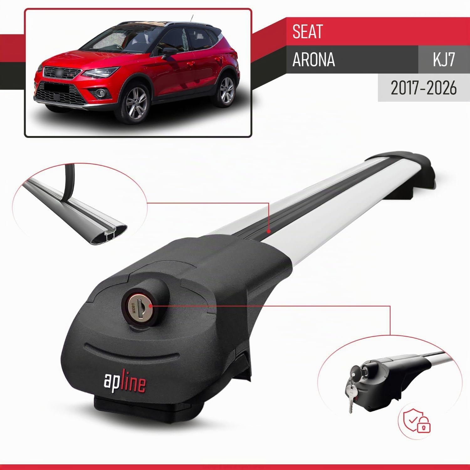 Compatible con Seat Arona (KJ7) 2017-2026 Modelo ACE-1 Barra de Techo Auto Portaequipajes Barras Transversales Gris Aluminio 2 Barras