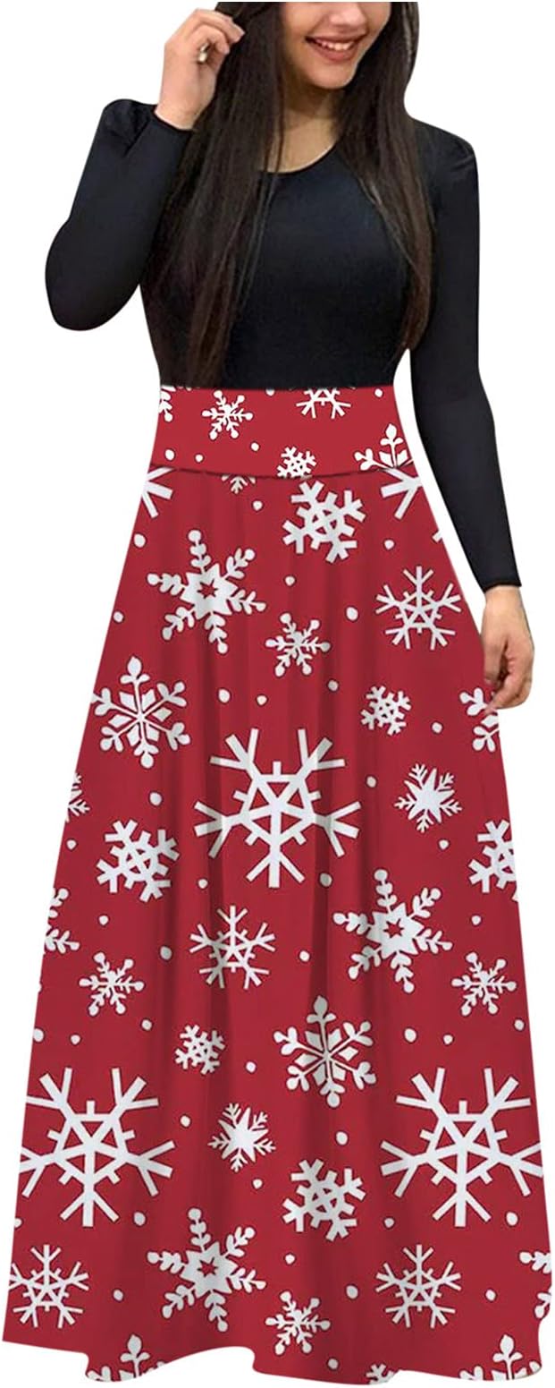 Women Christmas Cocktail Party A Line Swing Dress Print Casual Long Sleeve Maxi Print Sweatshirts Dress