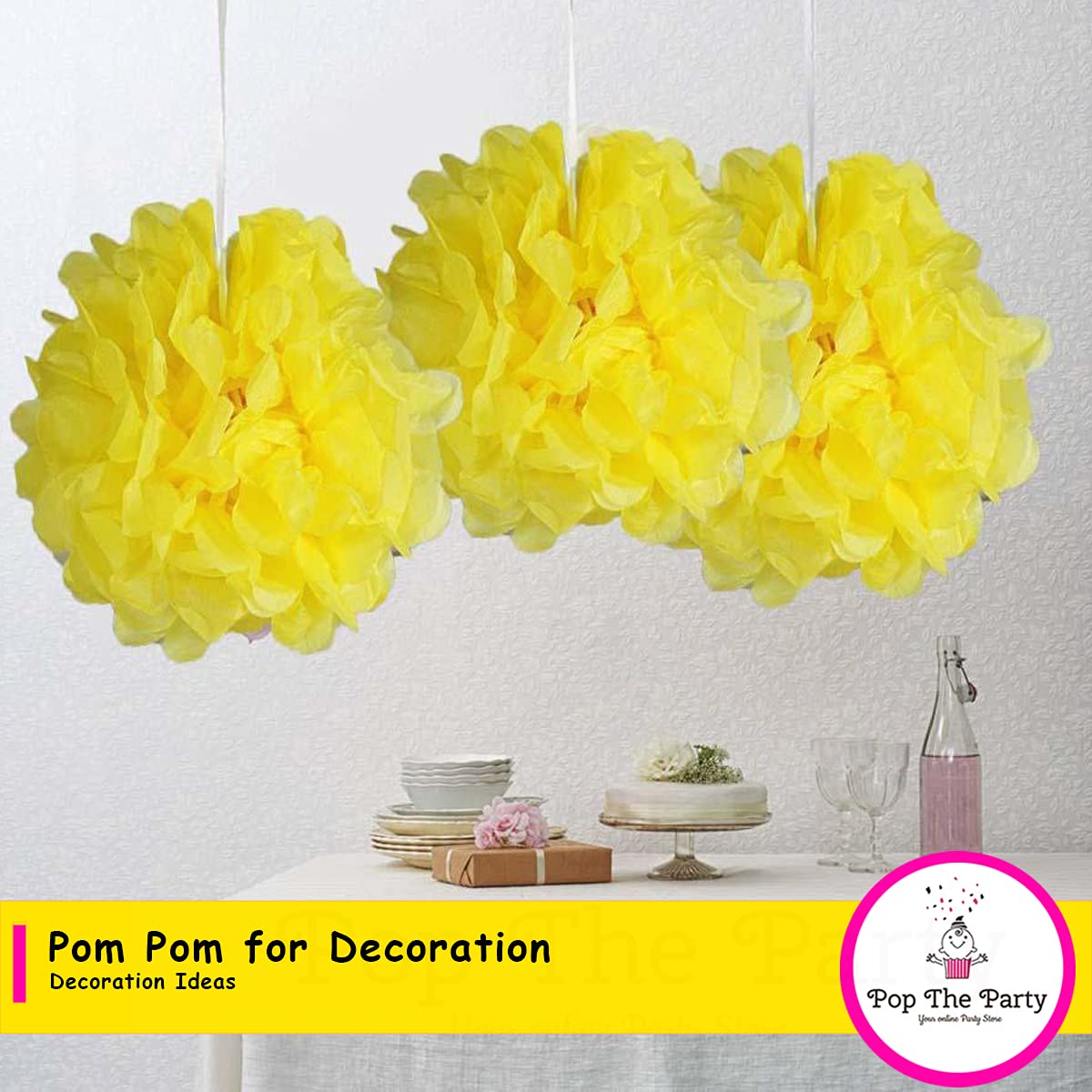 Pop the Party Set Of 3 - Yellow Hanging Pom Pom for Home Decoration - Image 3 thumbnail