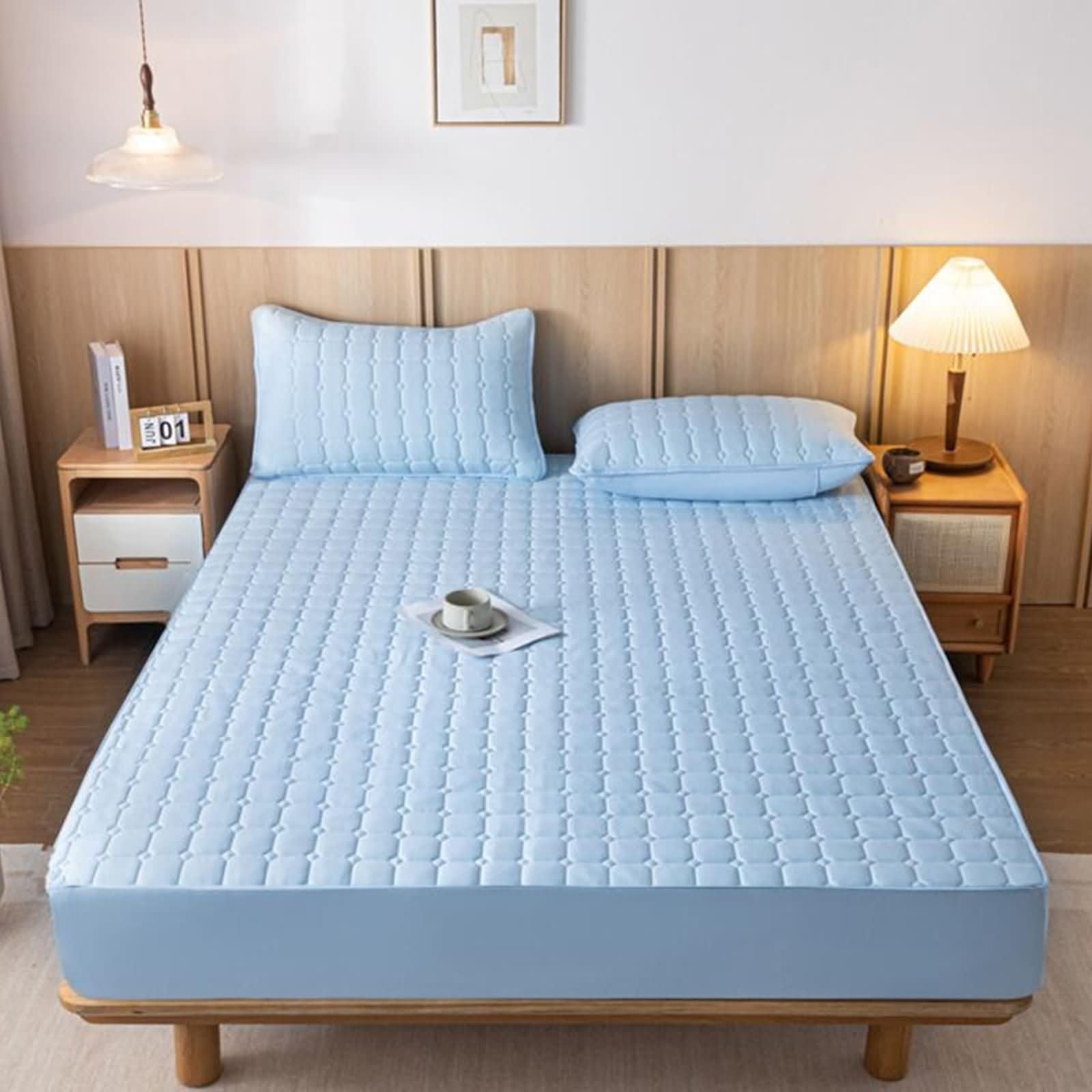 Daesar Lenzuola Singolo Sotto con Angoli e 2 Federe 90 x 200 x 30 CM, Lenzuolo Letto Singole Estive Cotone Lavato Tinta Unita con Quadretti Rombo Strutturato Lavabile in Lavatrice, Blu Chiaro