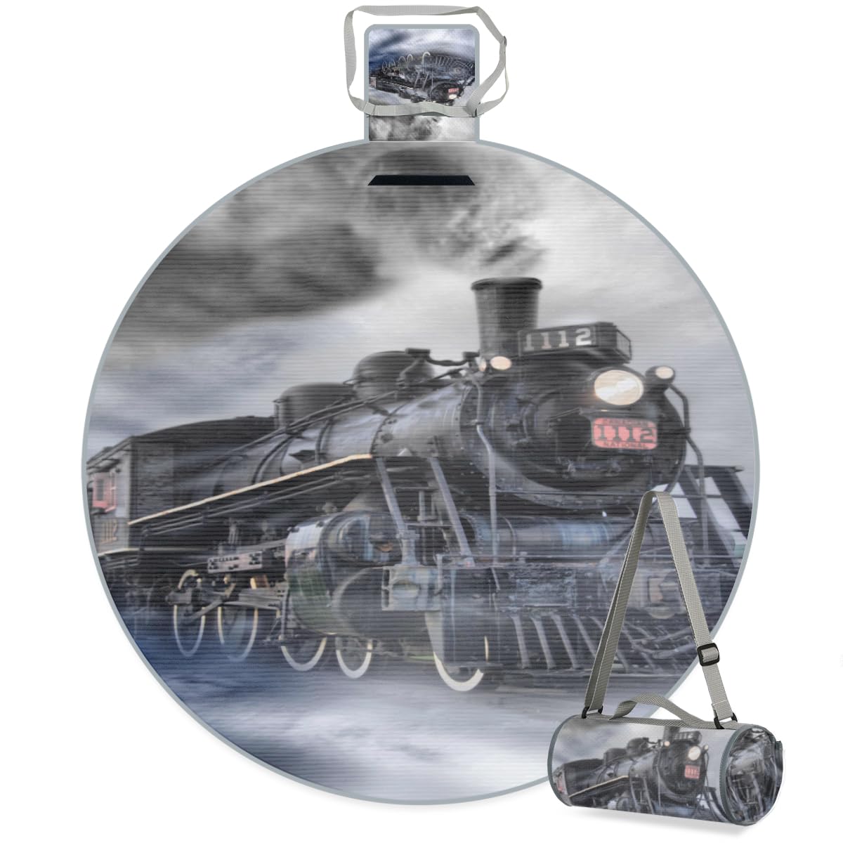 Shimoshe Steam Train in The Clouds Picnic Outdoor Blanket Foldable Waterproof Sandproof Beach Blanket Portable Water-Resistant Round Picnic Mat for Travel Camping Park Lawn