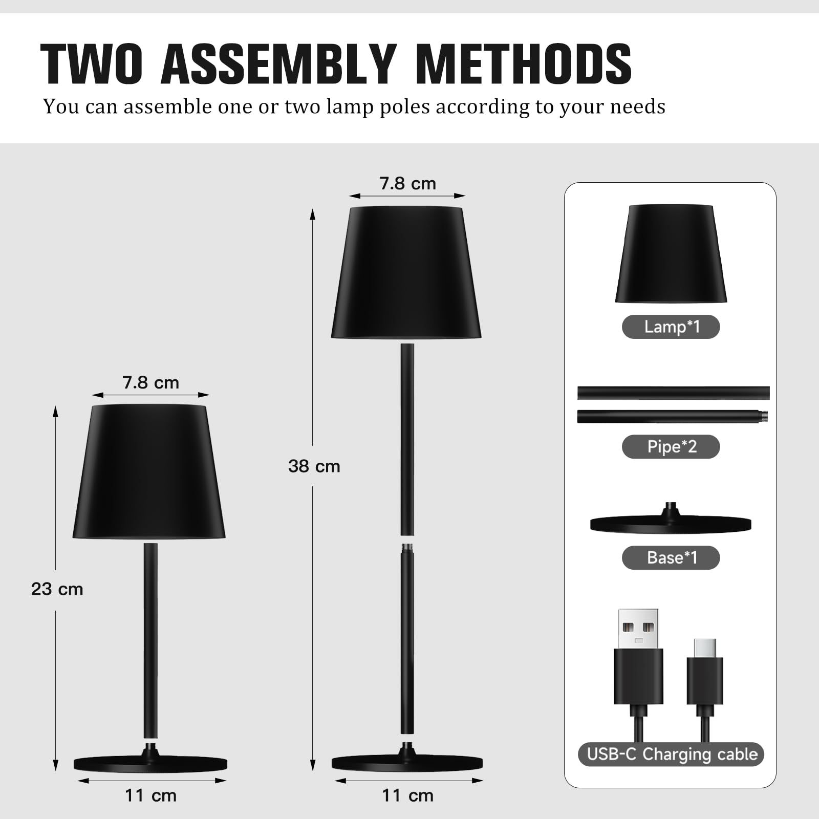 DEELUX Lampada da Tavolo Senza Fili Touch Dimmerabile Ricaricabile Luce Notturna Lampada da Comodino USB-C IP44 3 colori 4000mah Metallo Adatto per interni ed esterni nero 1 pezzi