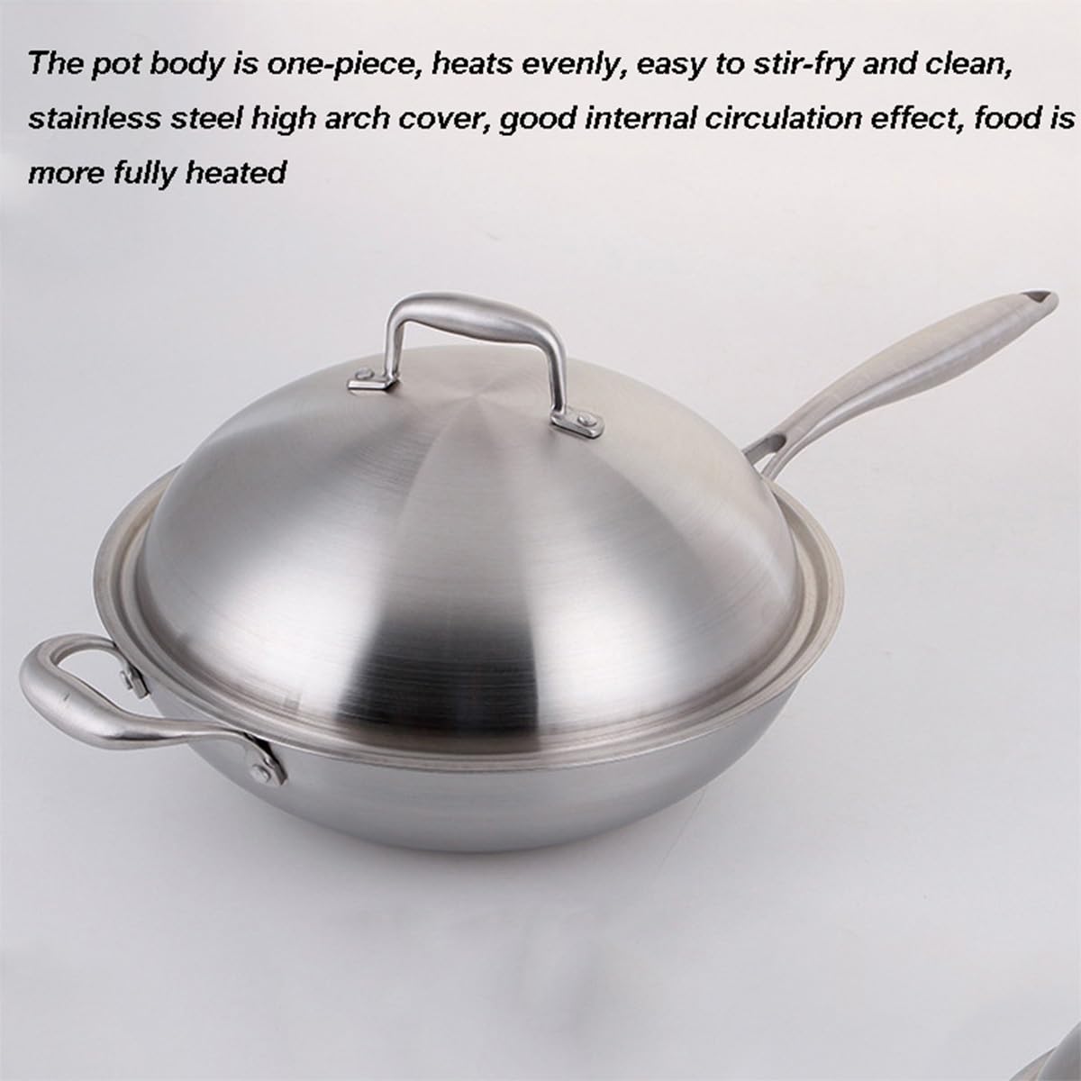 Padella wok antiaderente in acciaio inox da 34 cm, con coperchio, manico ergonomico, fondo piatto, compatibile con cottura a induzione, per mescolare e cuocere
