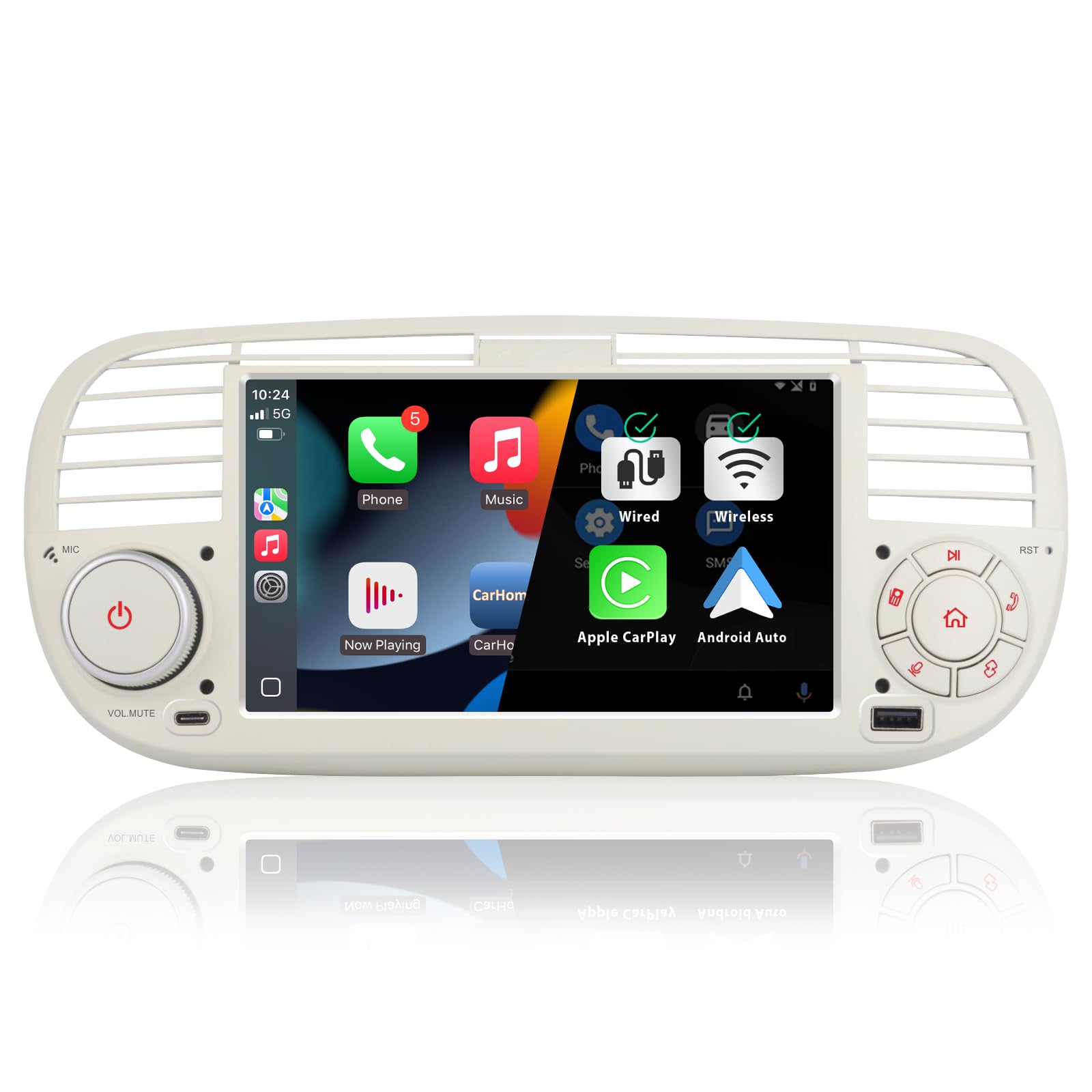 Autoradio per FIAT 500 radio con schermo touchscreen USB Bluetooth FM/AM Linux Sistema doppio din stereo auto con Carplay wireless/Android Auto bianco