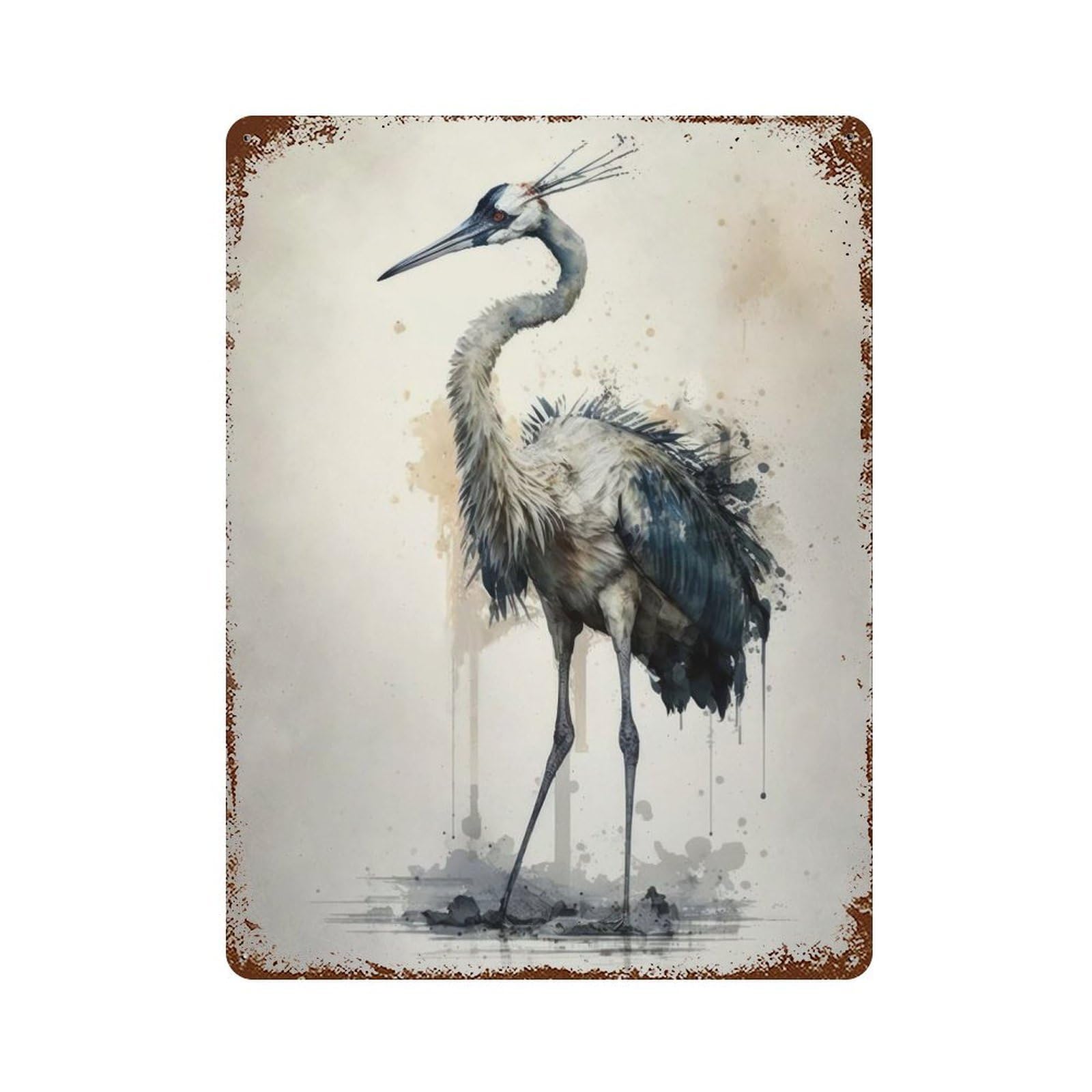 Graceful Crane Watercolor Rust Effect Tin Sign 15.7"x11.8", Industrial Home Decor for Garage, Bar And Workshop Decor