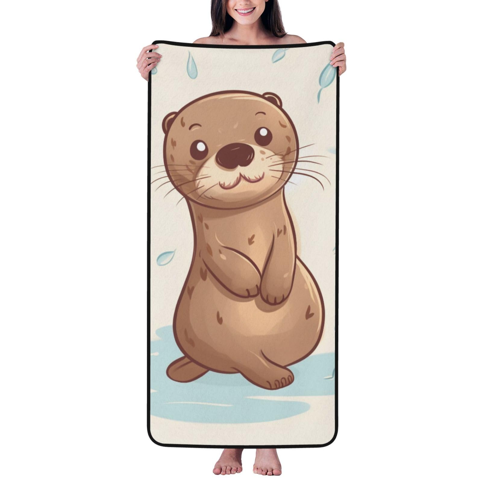 WPKJU Cartoon Cute Otter Printed Bath Towel with Black Edging - 27x55 in Soft Extra Absorbent Coral Velvet Shower Towels for Bathroom
