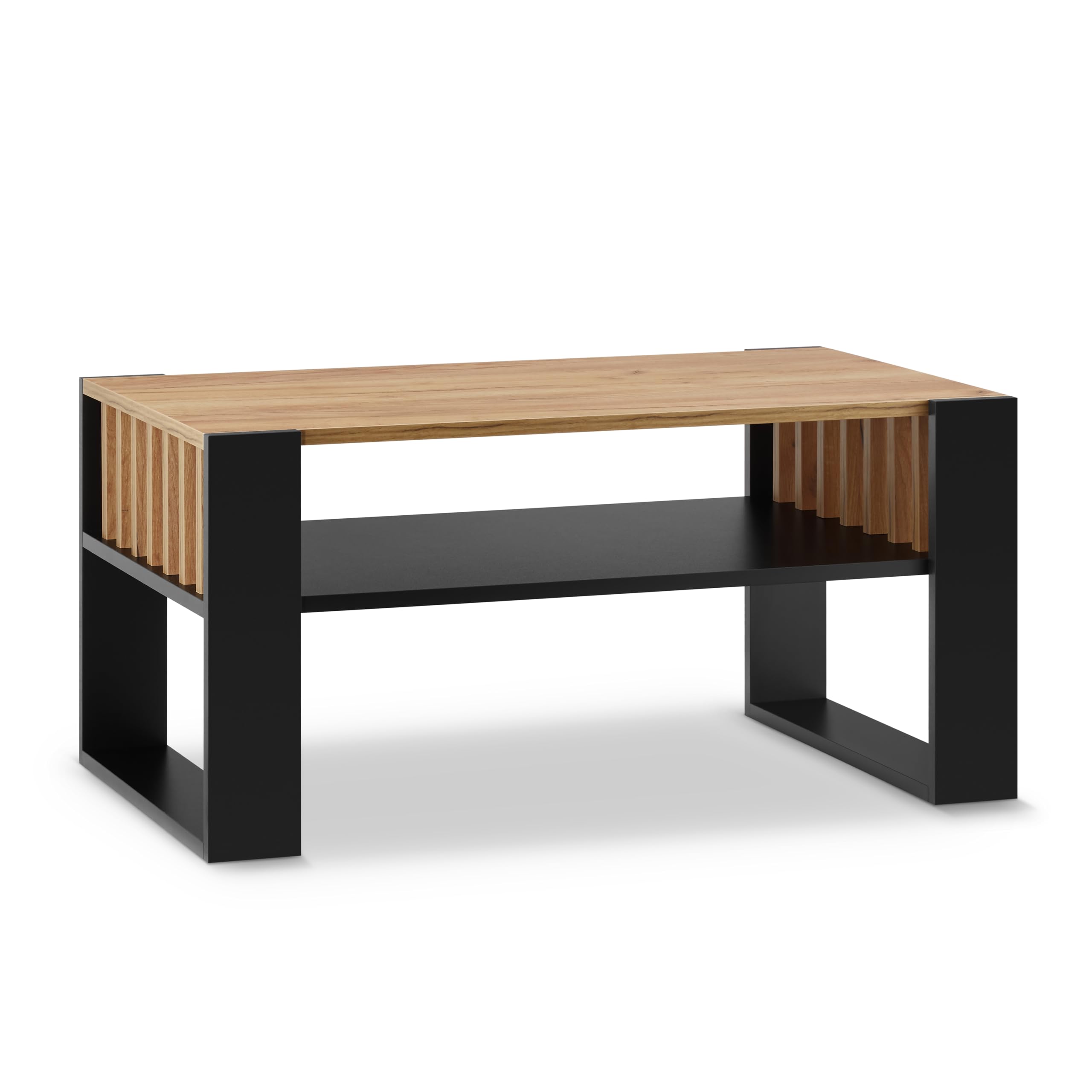 defiPad® Nowoczesny stolik kawowy z lammelami, szerokość 92 cm, duży stół do salonu, dąb | lity i stabilny | kolor czarny