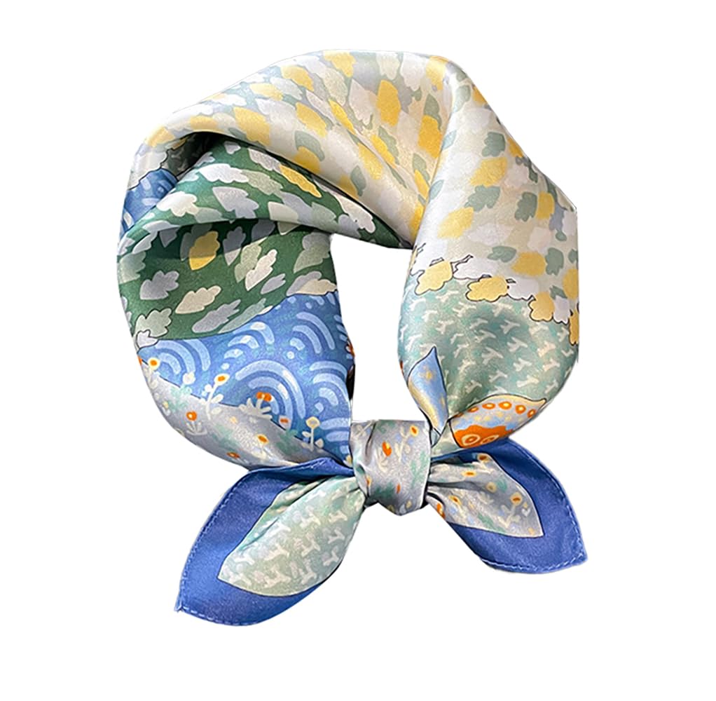 FEIBOON Mulberry Silk Scarfs Neck Scarf 21" Small Square Scarfs hair scarf bandana Neckerchief Headscarf for Women, Blue Yellow Green Trees, 21