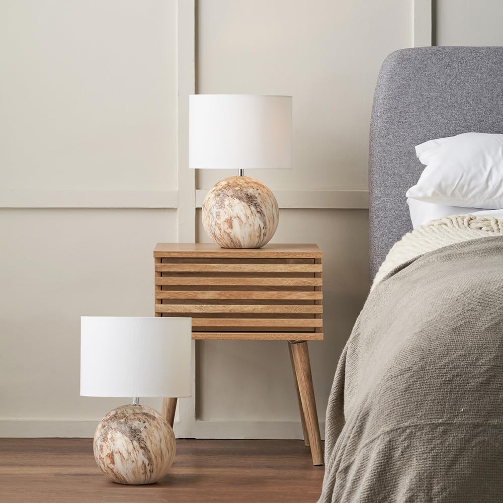 Pacific Lifestyle Set of 2 Viejo Stone Effect Ceramic Table Lamp | Pair of Round Natural Bedside Table Lamps | Duo of Small Scandi Accent Lights for Living Room (Brown)