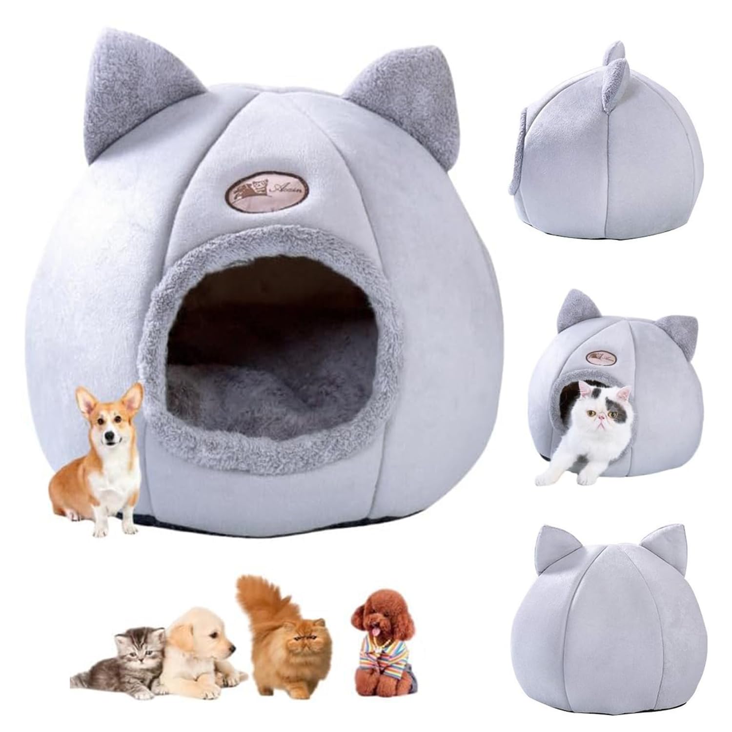 سرير قطط شبه مغلق، سرير مريح للقطط والكلاب مع وسادة قابلة للازالة للقطط والكلاب الصغيرة، قاع مضاد للانزلاق ومقاوم للماء (رمادي، XL)