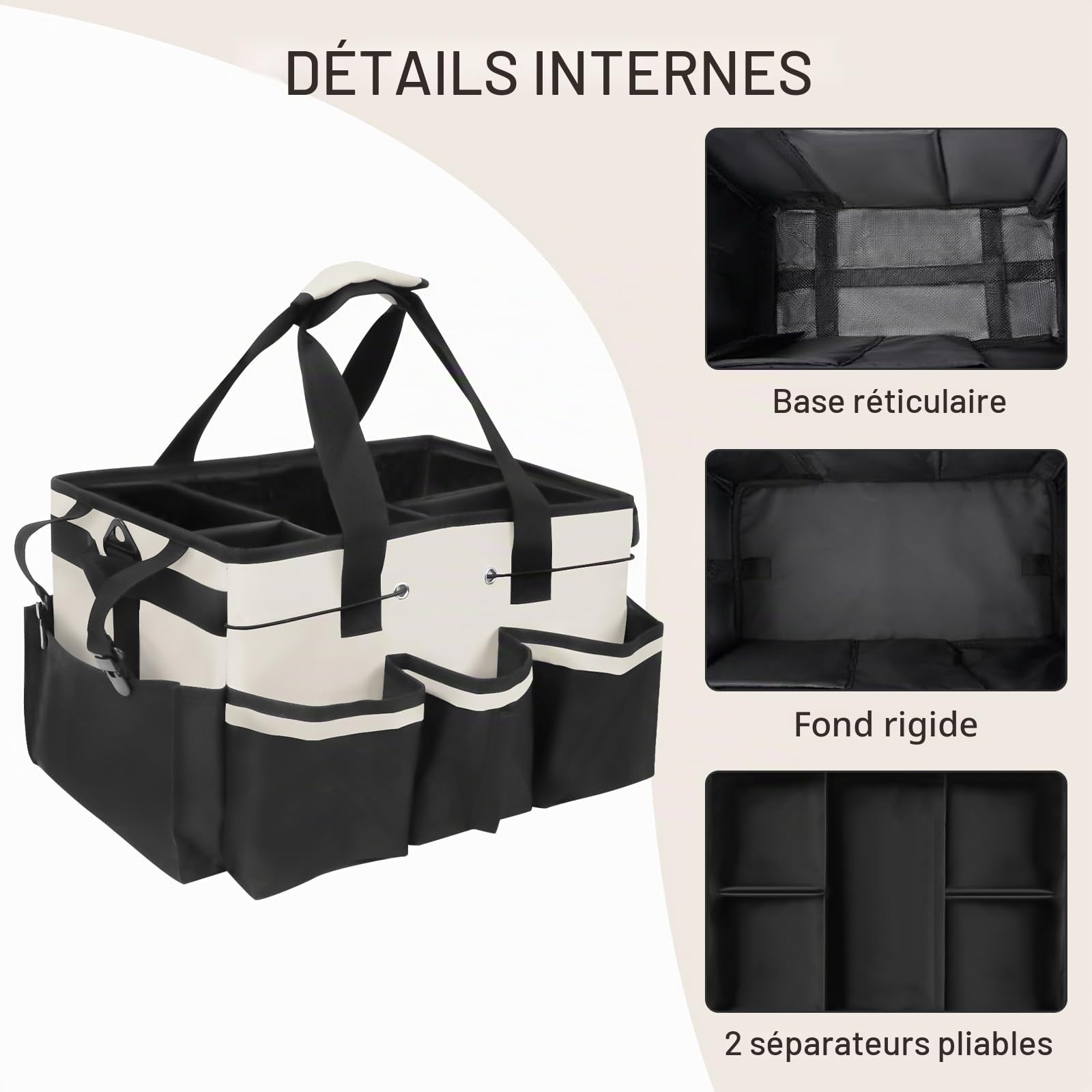 Qivine Grand Panier Rangement de Nettoyage, 5 Compartiments Seau de Rangement avec Séparateur Réglable, Organisateur de Caddie Sac de Nettoyage avec Poignée pour la Maison et la Voiture (Blanc)