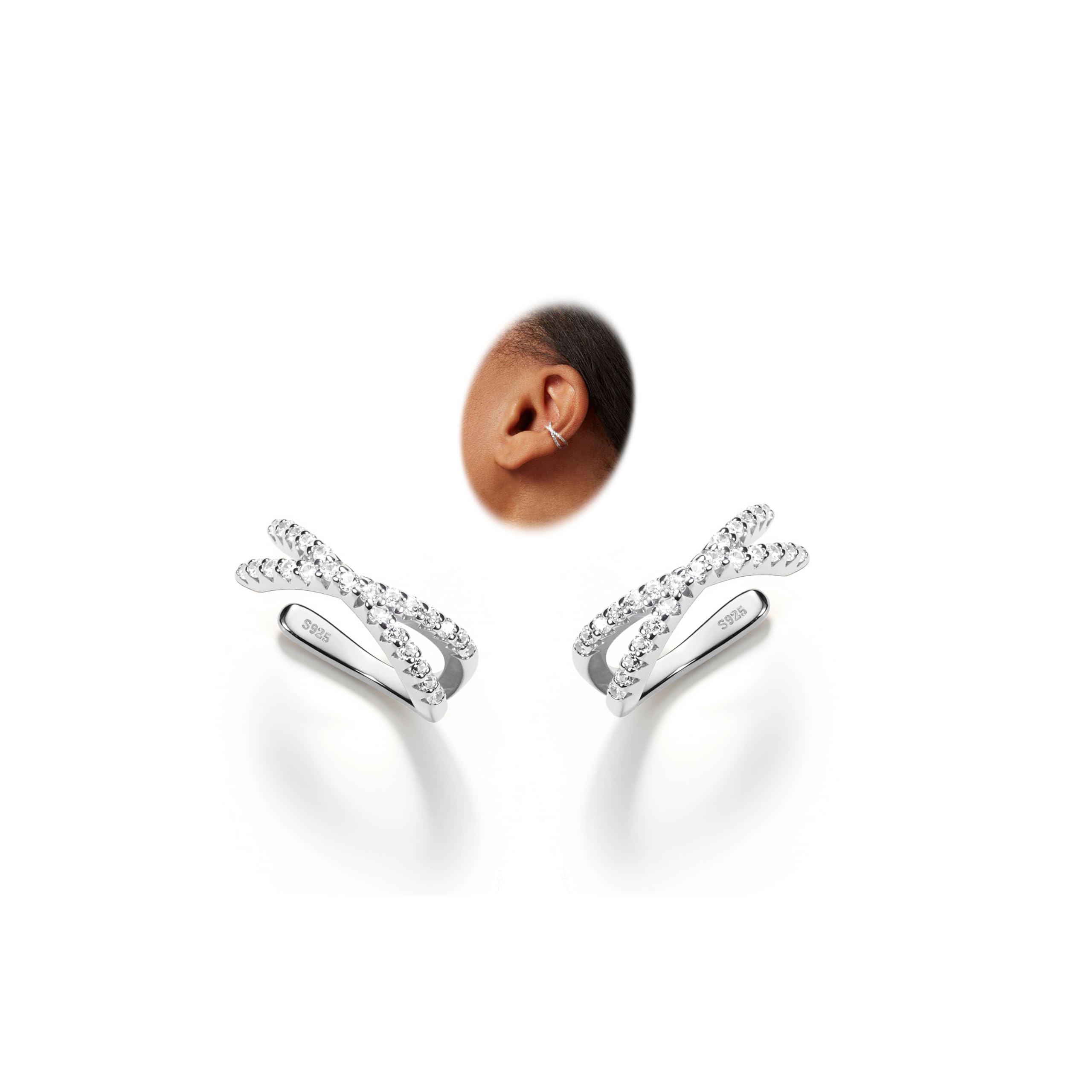 KRFY 2Pcs Adjustable Ear Cuff S925 Sterling Silver Ear Cuffs Non Piercing Cuff Earrings for Women 5A Cubic Zirconia Clip On Cartilage Helix Conch Fake Earrings Hypoallergenic