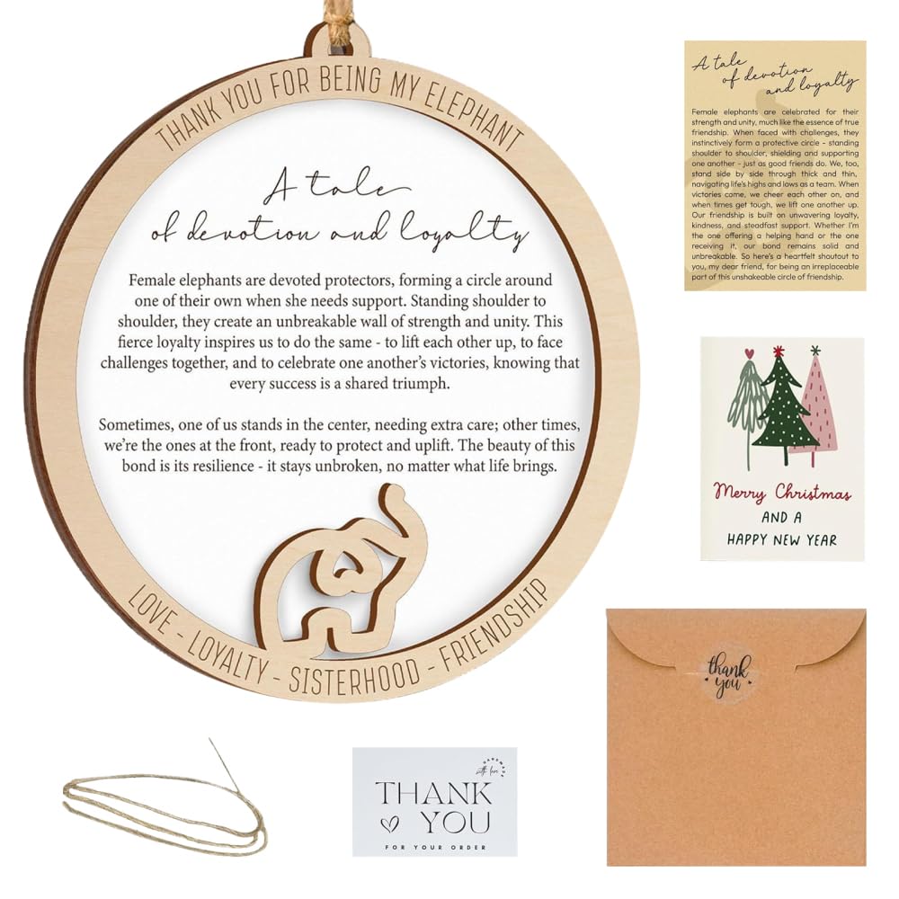 Friendship Elephant Ornament, Wooden Hanging Elephant with Story Card for Friends Sisters Women, Birthday Presents