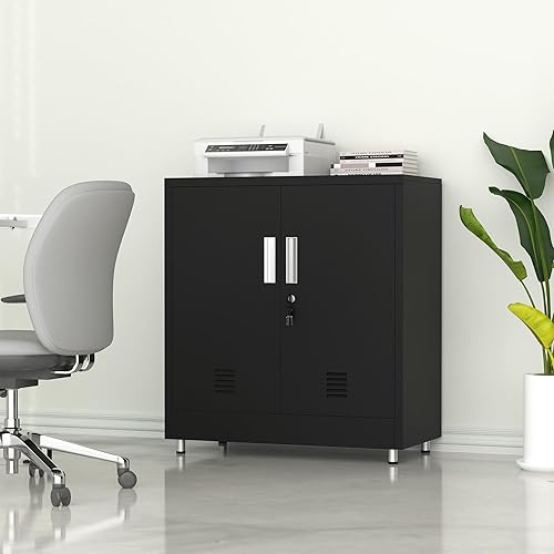 Miniatura 9 de Armario de almacenamiento de metal con puertas de bloqueo y estante ajustable, pequeño aparador con cerradura para el hogar, oficina, entrada,