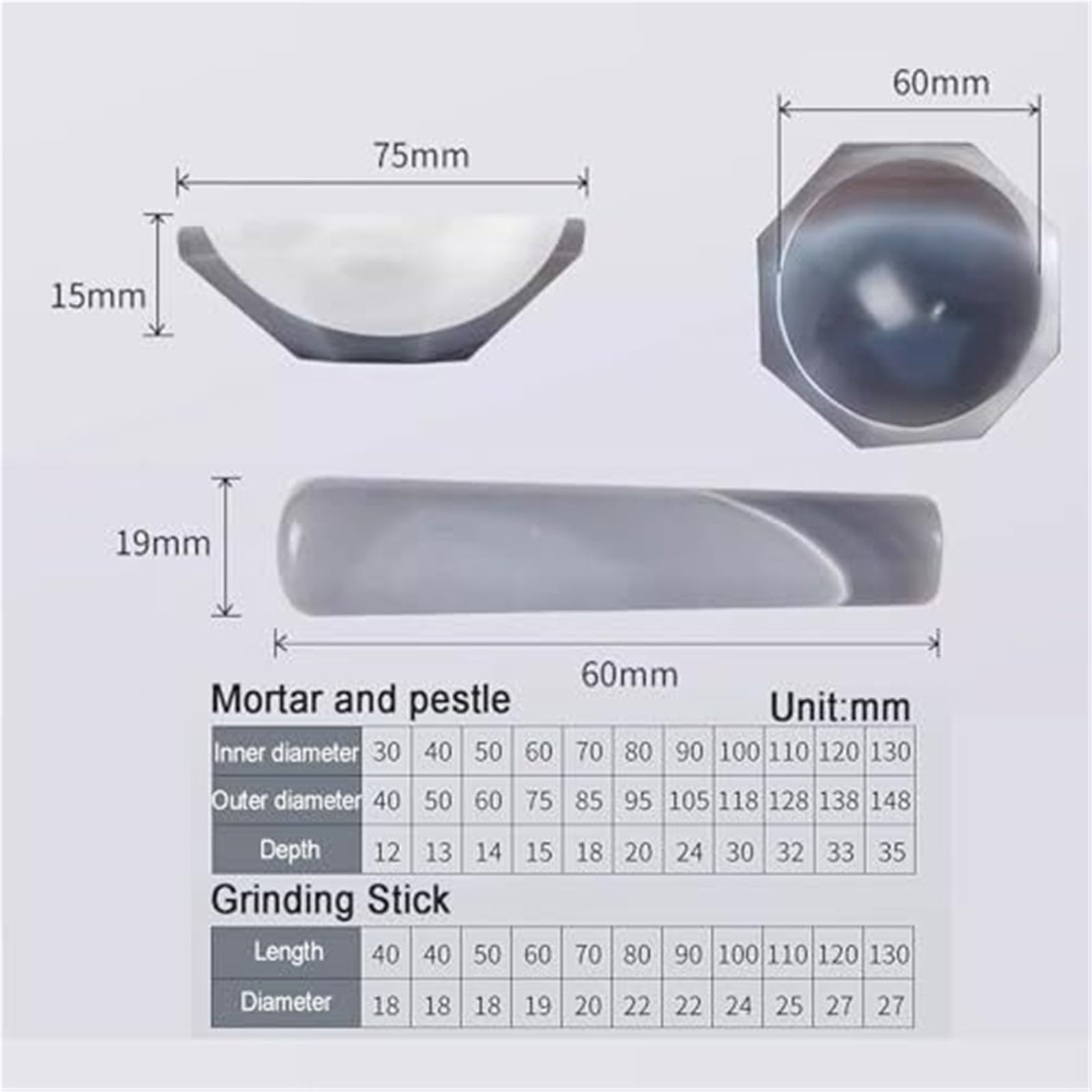 Mörser- und Stößel-Set aus natürlichem Achat, Labormühle | Außen 118 mm, Tiefe 30 mm, Härte 7–7,2. Brasilianischer Achat. Chemisch inert, nicht porös(80mm)