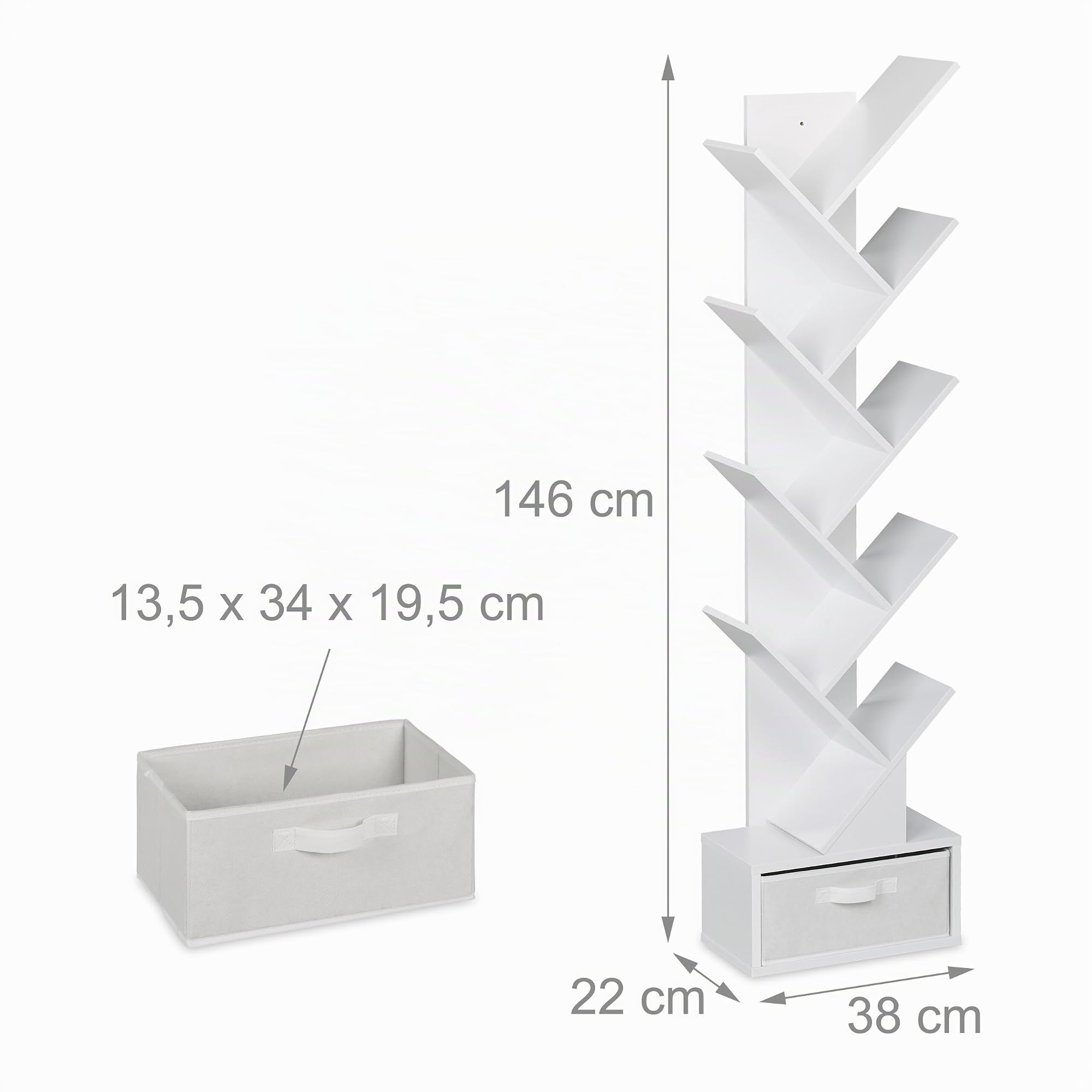 Relaxdays Petite bibliothèque prenant la Forme d'un Arbre, 9 Branches, H x L x P : 146 x 38 x 22 cm, Blanche
