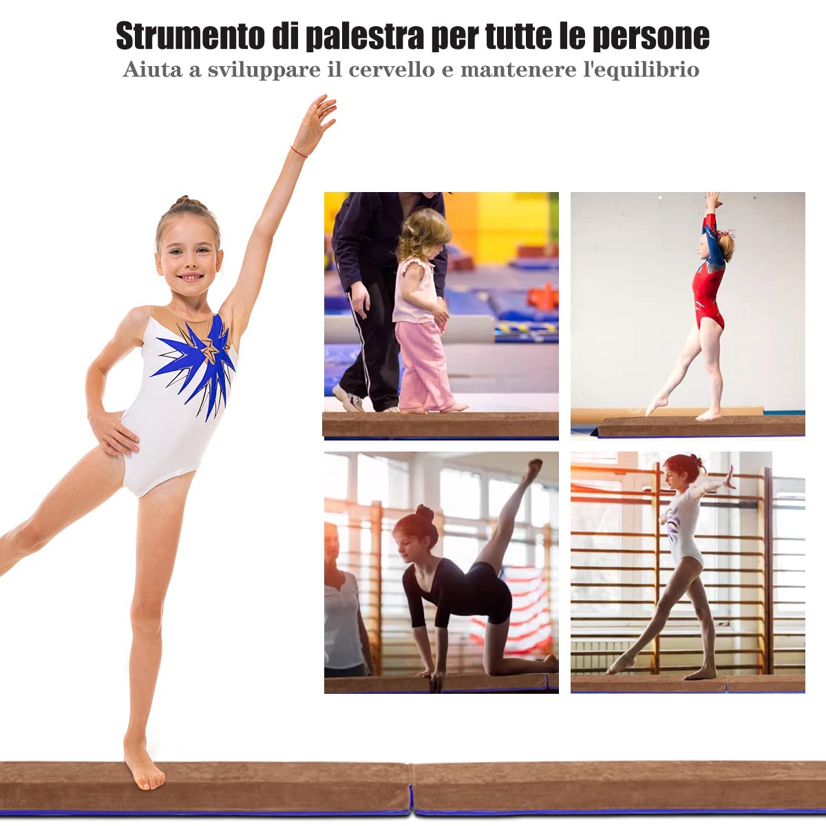 RELAX4LIFE Trave Pieghevole di Equilibrio per Ginnastica Artistica Fascio Ginnastica di Bilanciamento,Blu e Marrone,per Casa o Palestra