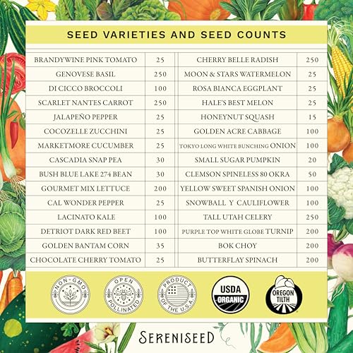 Image of Sereniseed Certified Organic Vegetable Seeds (30-Pack) - Non GMO, Open Pollinated - Basil, Snap Pea, Broccoli, Bean, Jalapeno, Tomato, Lettuce, Cucumber, Carrot, Zucchini Seeds for Planting