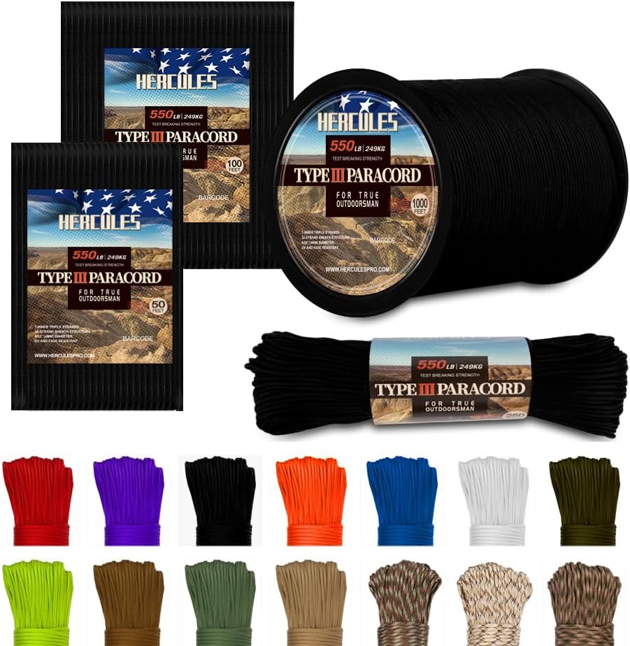 HERCULES Type III Paracord 550 Paracord Rope Parachute Cord, 50′ Black for Survival Rope, Survival Cord HERCULES Type III Paracord 550 Paracord Rope Parachute Cord, 50′ Black for Survival Rope, Survival Cord