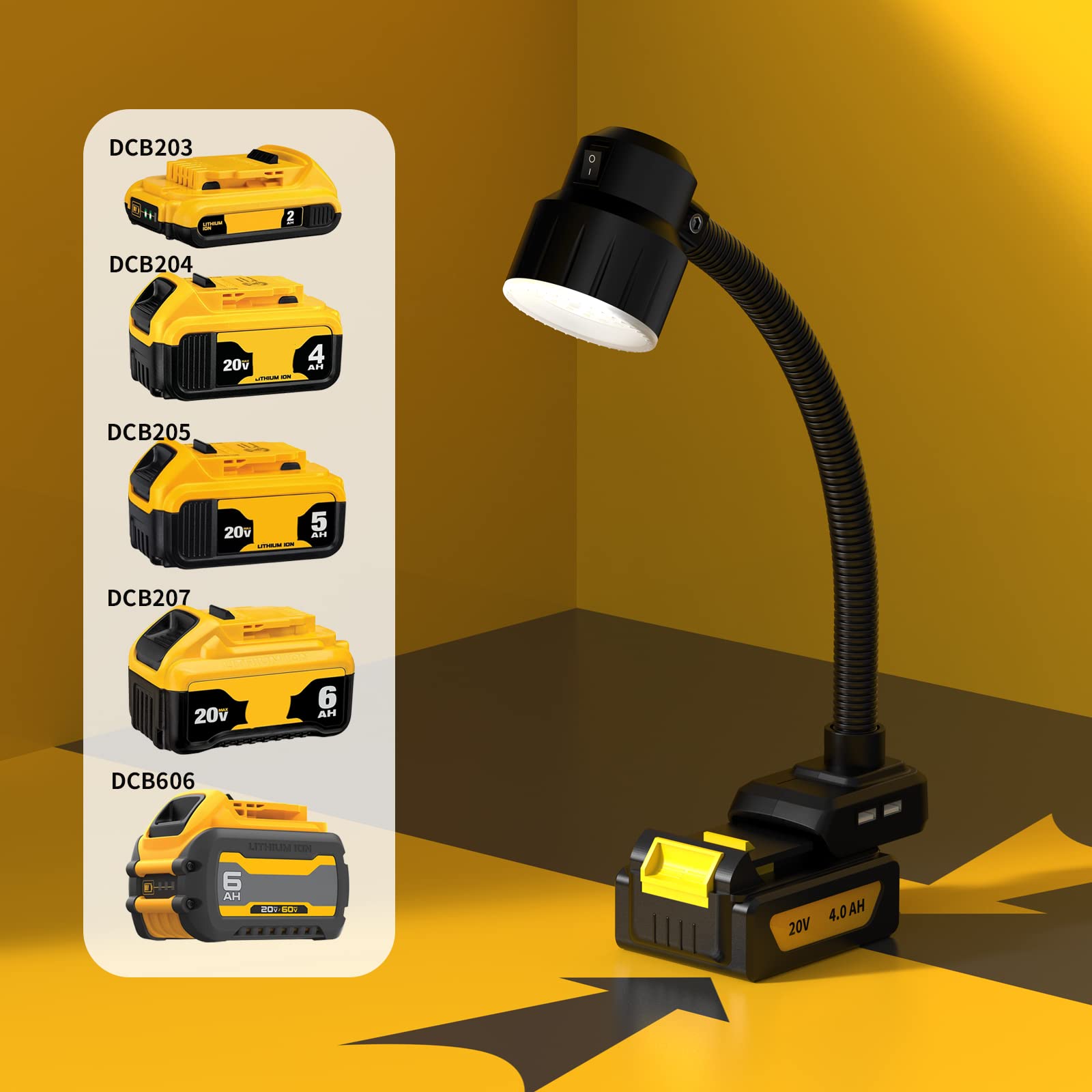 SHUNCANDA Schnurlose LED-Arbeitsleuchte 14,4V 18V 20v Akku, dimmbarer Scheinwerfer für Notfälle, Camping, Autoreparaturen, Outdoor mit USB und flexiblem Schwanenhals.(2 USBHarging Ports)